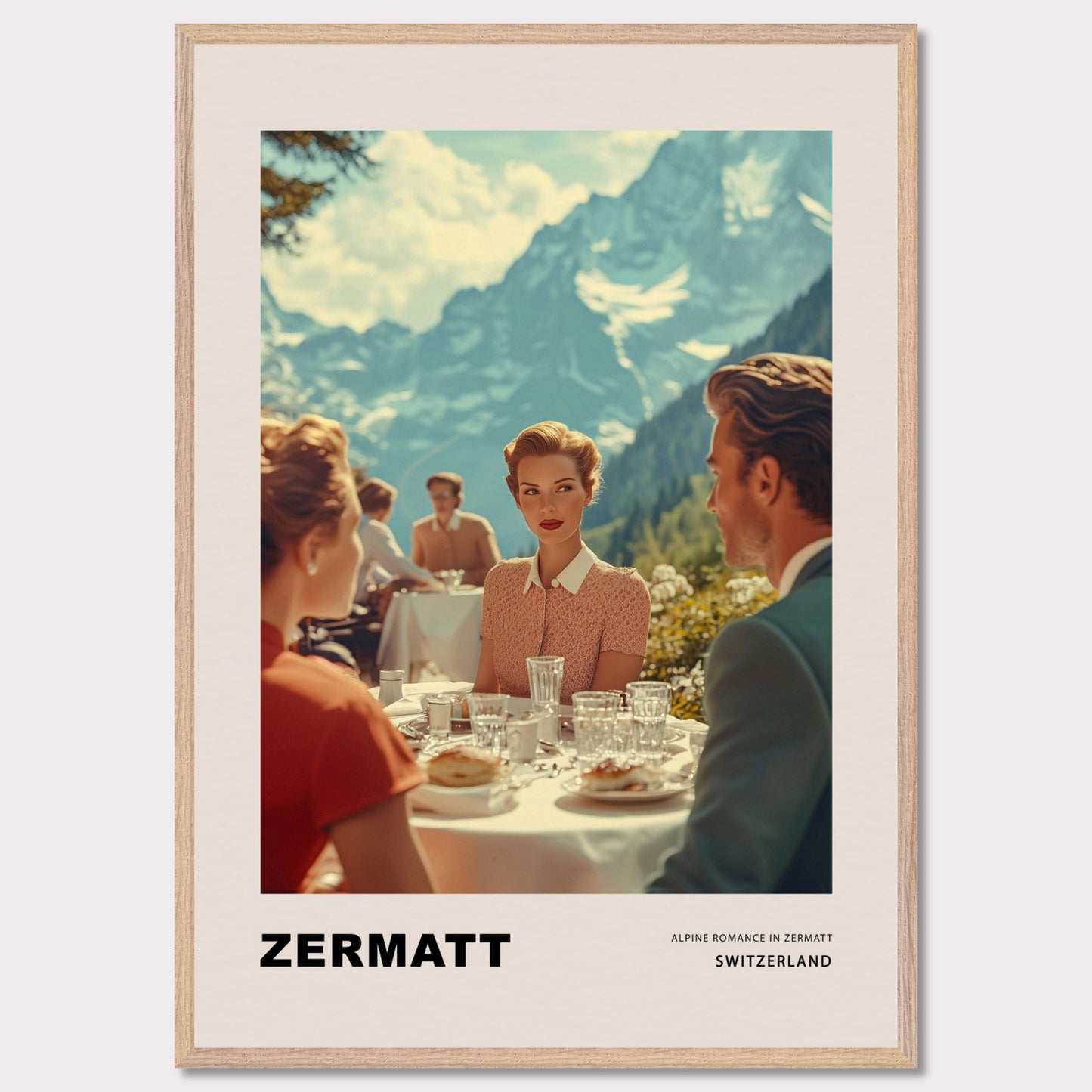 This poster transports us to a world of elegant romance amidst the mountainous landscapes of Zermatt, Switzerland. At the center of the scene is a refined woman with a romantic, enigmatic gaze directed at the man across the table on a café terrace, set against the majestic backdrop of the Alps. 