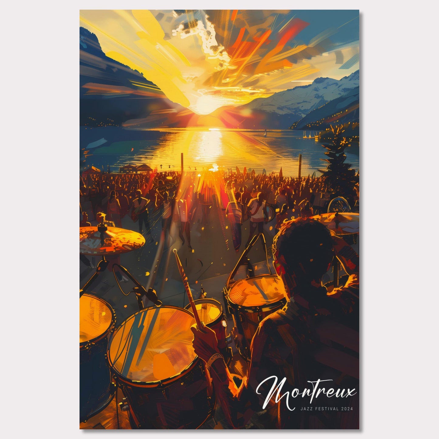 This vibrant image captures the essence of the Montreux Jazz Festival 2024. The scene is set at sunset, with a stunning view of the sun dipping below the horizon over a serene lake, surrounded by majestic mountains. A large crowd is gathered, immersed in the music, while a drummer plays energetically in the foreground.