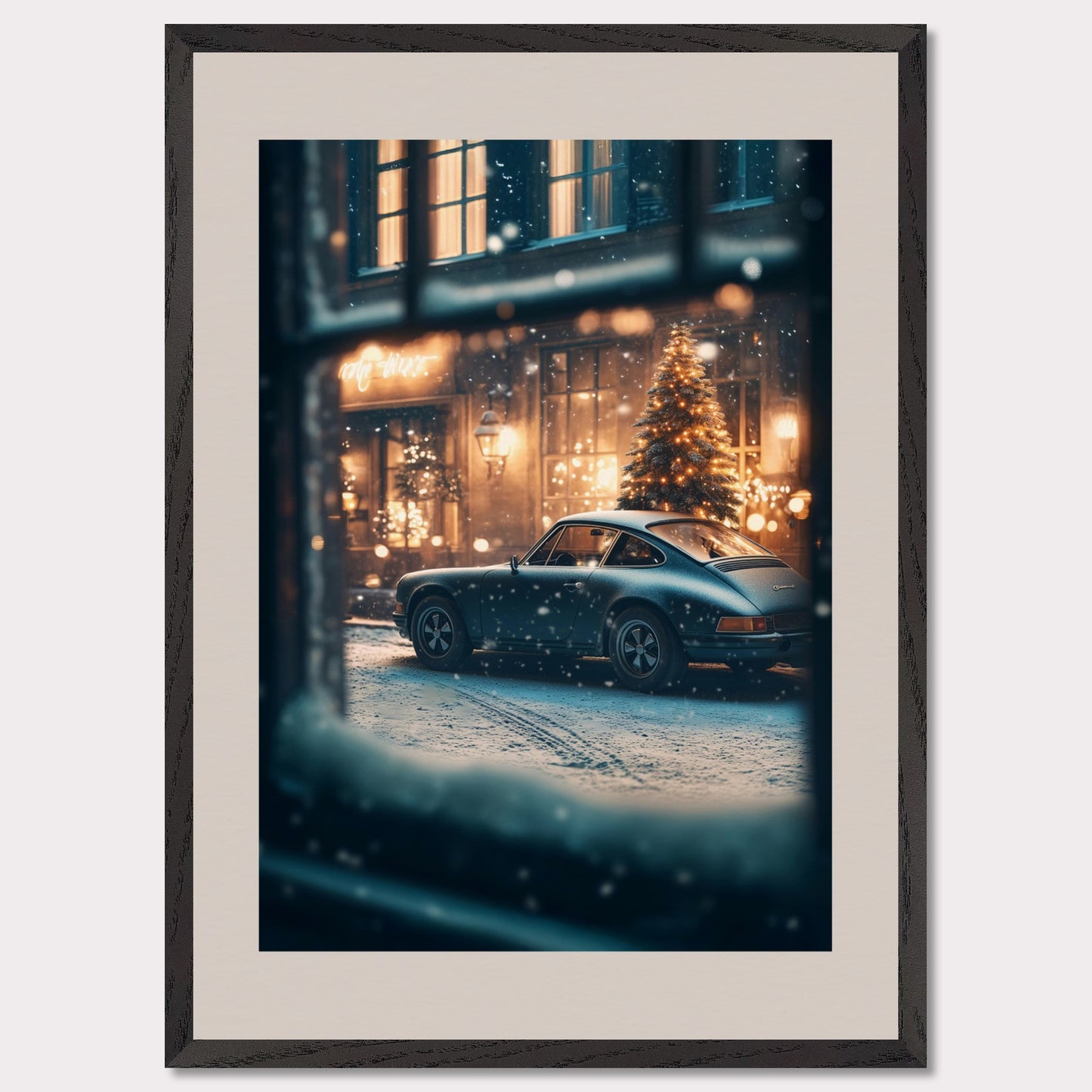 This cozy holiday poster captures a snowy Christmas evening, viewed through a frosty window. The glowing lights of a festive tree and a classic vintage car set the stage for a warm, nostalgic celebration. The snowflakes gently falling add magic to the enchanting alpine village atmosphere.