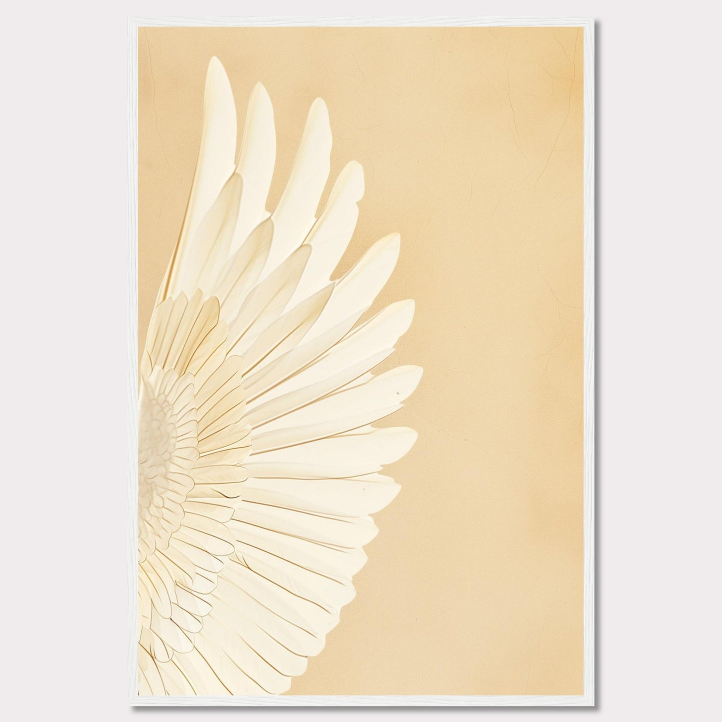 This elegant wall art features a detailed depiction of a white feathered wing against a soft beige background. The minimalist design and neutral tones make it a versatile piece for any room.