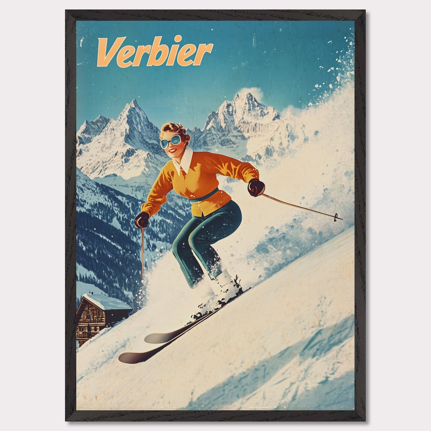 This vibrant retro poster captures the thrilling energy of skiing in Verbier, featuring a skier in a bright orange jacket racing down the slopes. The bright, clear sky contrasts beautifully with the snow-covered terrain and rugged mountain backdrop. The skier’s joyful expression, paired with the iconic Verbier mountains, evokes the excitement and adventure of alpine skiing. The vintage art style adds a timeless touch, bringing out the spirit of winter sports.