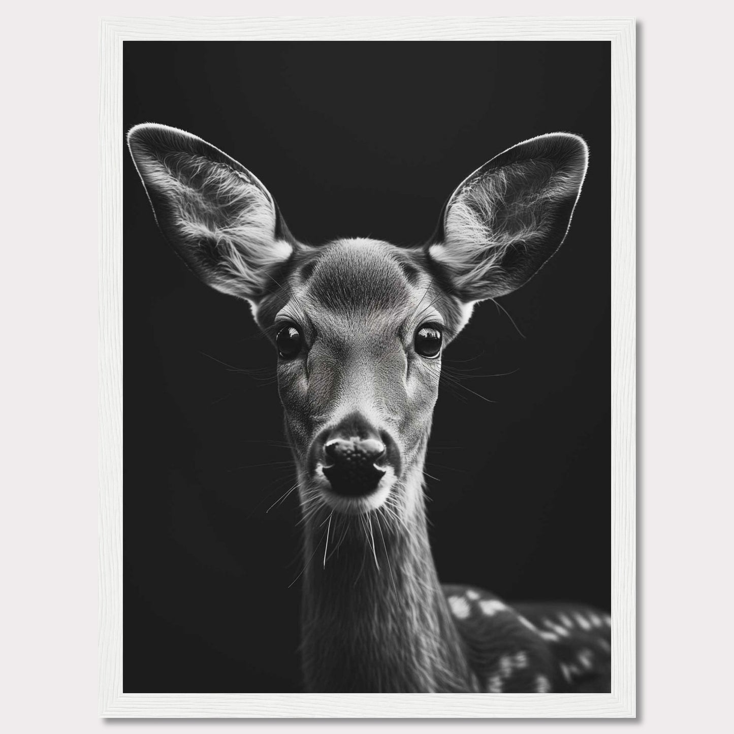 This captivating black and white photograph features a close-up of a young deer, highlighting its delicate features and expressive eyes. The dark background accentuates the deer's soft fur and intricate details, creating a striking contrast that draws the viewer in.