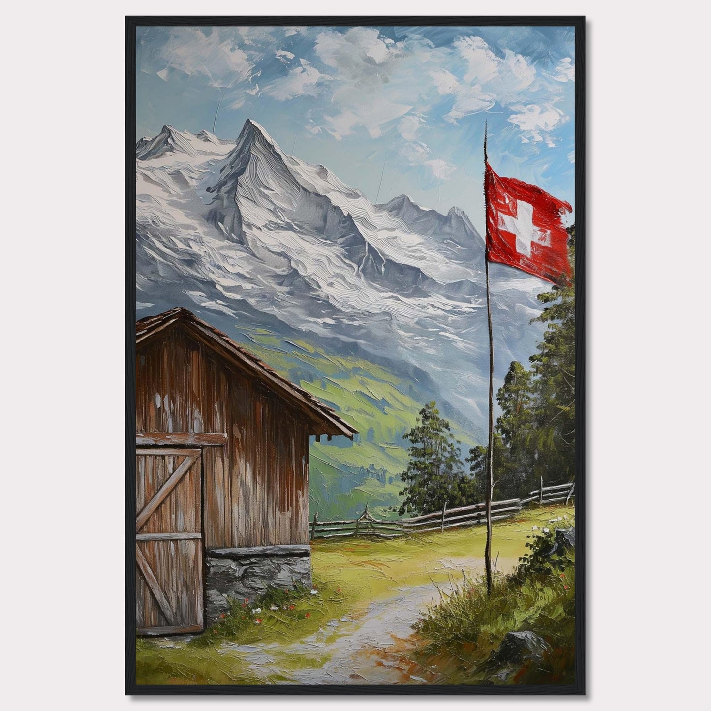 This image depicts a serene mountain scene with a rustic wooden cabin, a Swiss flag fluttering in the breeze, and majestic snow-capped peaks in the background. The lush greenery and clear blue sky add to the tranquil atmosphere.