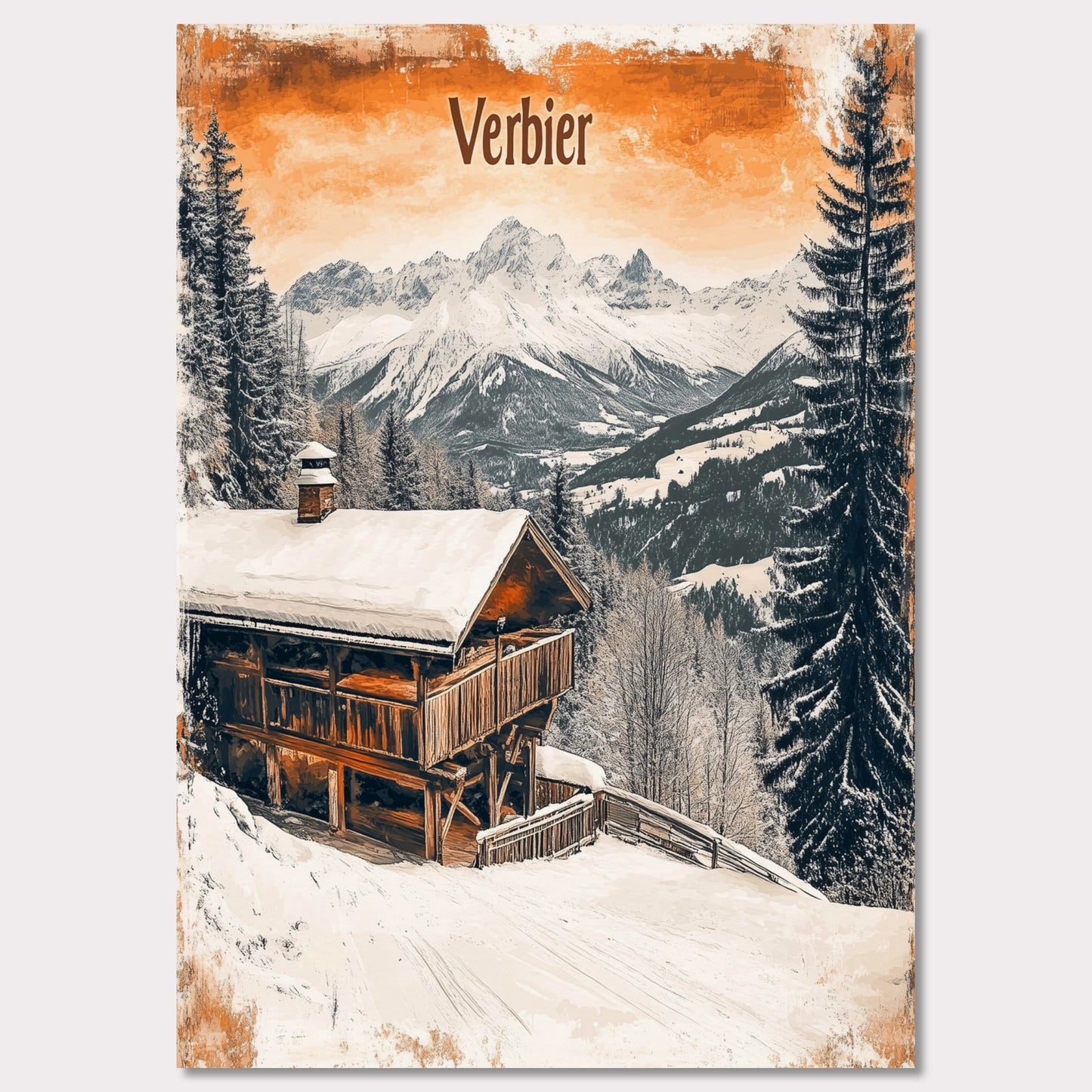 This charming retro-style poster showcases a cozy wooden cabin nestled in the snowy mountains of Verbier. The cabin, with its warm and rustic exterior, contrasts beautifully against the crisp white snow and towering, snow-capped peaks in the distance. The soft, vintage tones in the sky and the peaceful surroundings evoke a sense of tranquility and the perfect winter getaway. The gentle snowfall and warm cabin lights enhance the nostalgic feeling of a quiet retreat in the Alps.