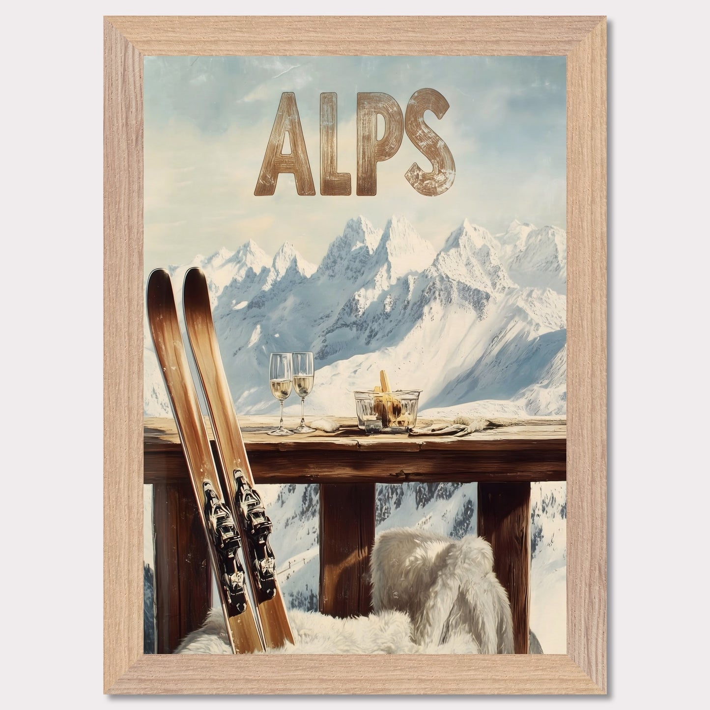 This vibrant poster captures the charm of après-ski culture with a rustic wooden terrace overlooking snow-covered mountains. The warm textures of fur throws and the elegant wine glasses create an inviting post-ski ambiance.