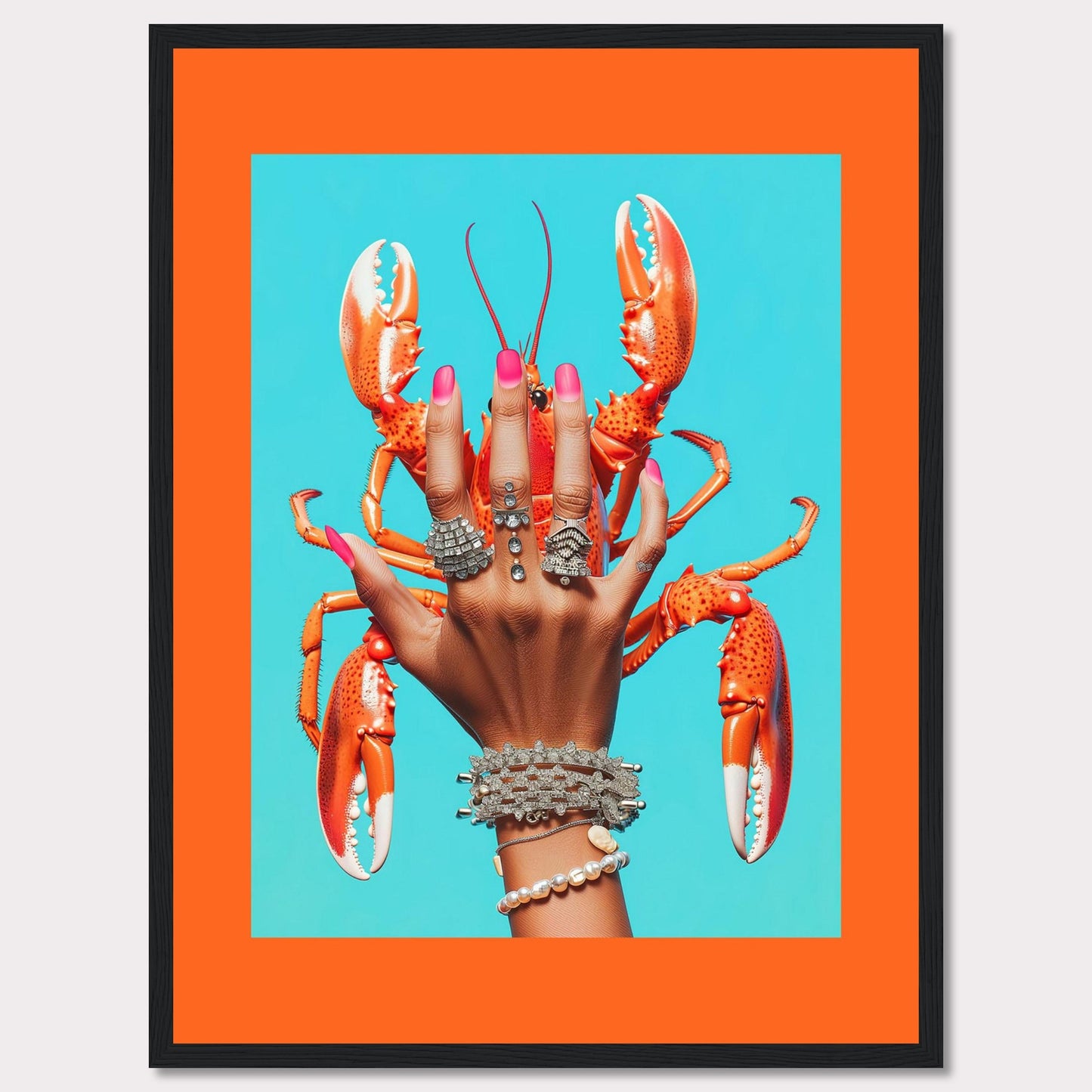 fe845fa2-9aThis vibrant and quirky artwork features a hand adorned with luxurious rings and bracelets, holding a bright orange lobster against a vivid blue background. The contrast between the bold colors and the intricate jewelry creates a striking visual impact.edb-44de-b00a-6c1a273b1363