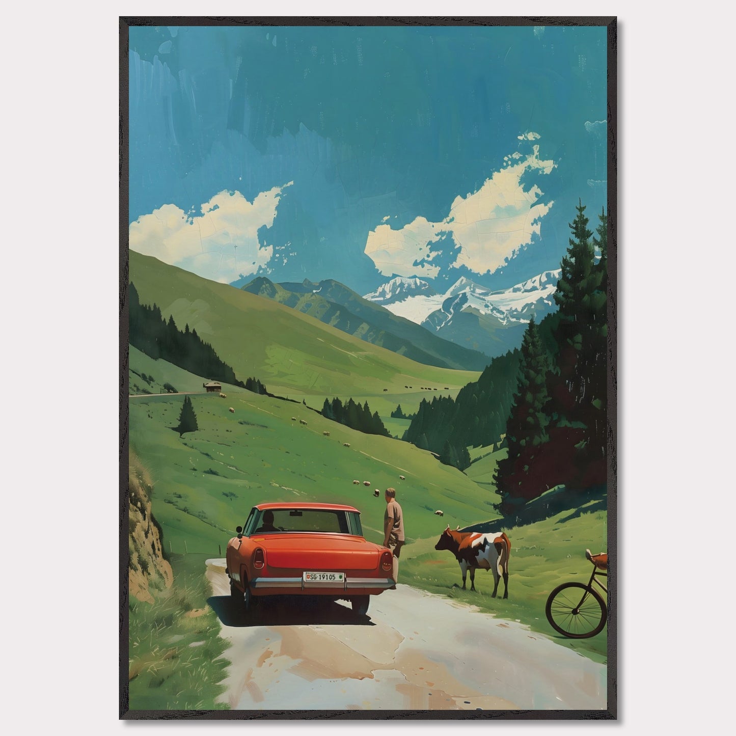 This picture depicts a serene countryside scene with a vibrant red car parked on a narrow road. A person stands beside the car, gazing at a cow that is standing nearby. The lush green hills stretch towards majestic snow-capped mountains under a bright blue sky dotted with fluffy white clouds. A bicycle rests against the tall pine trees, adding to the tranquil rural atmosphere.