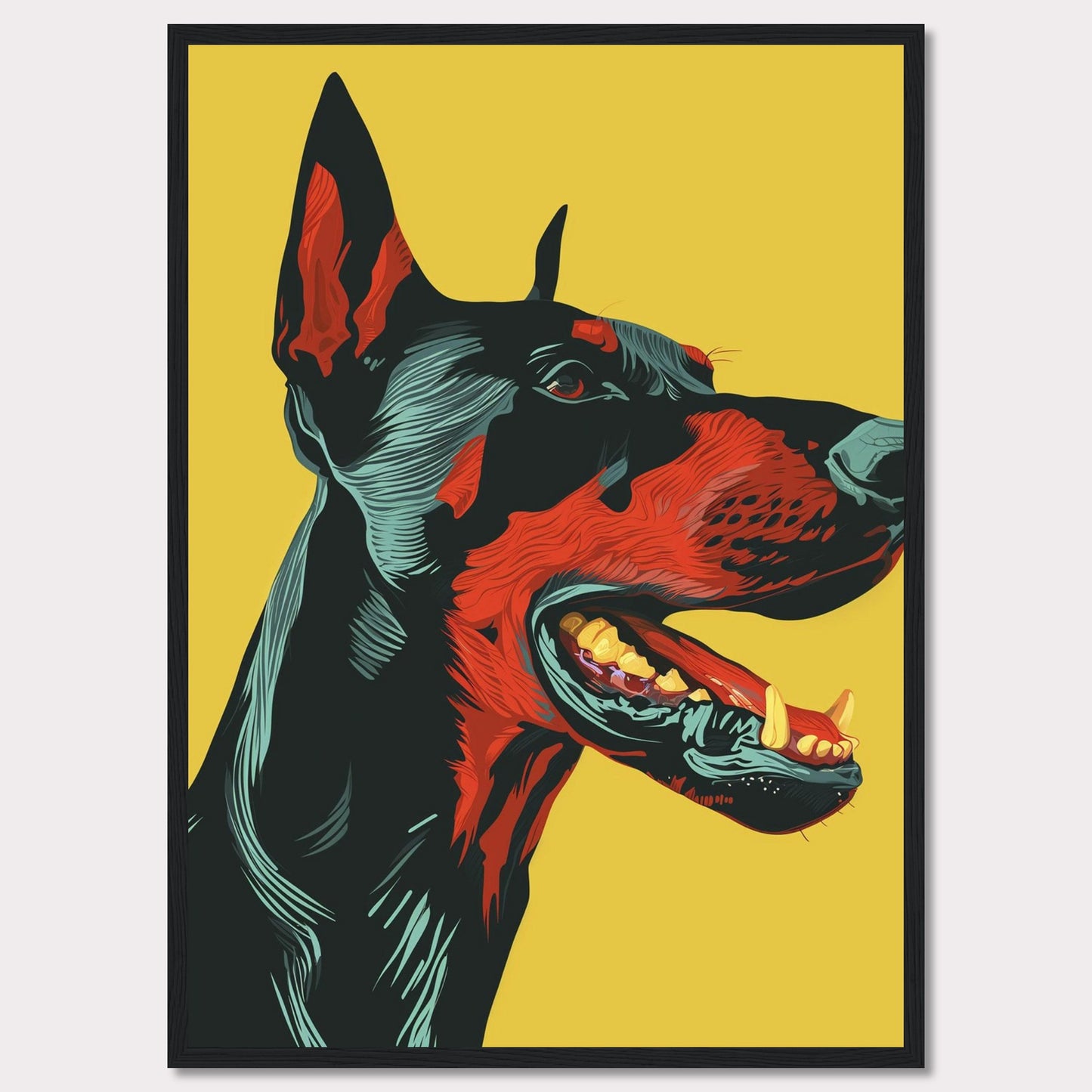 This vibrant artwork features a striking, stylized portrait of a Doberman against a bold yellow background. The detailed illustration showcases the dog's fierce expression with vivid red and black hues, emphasizing its strong and dynamic presence. The piece is framed in a sleek black border, enhancing its modern aesthetic.