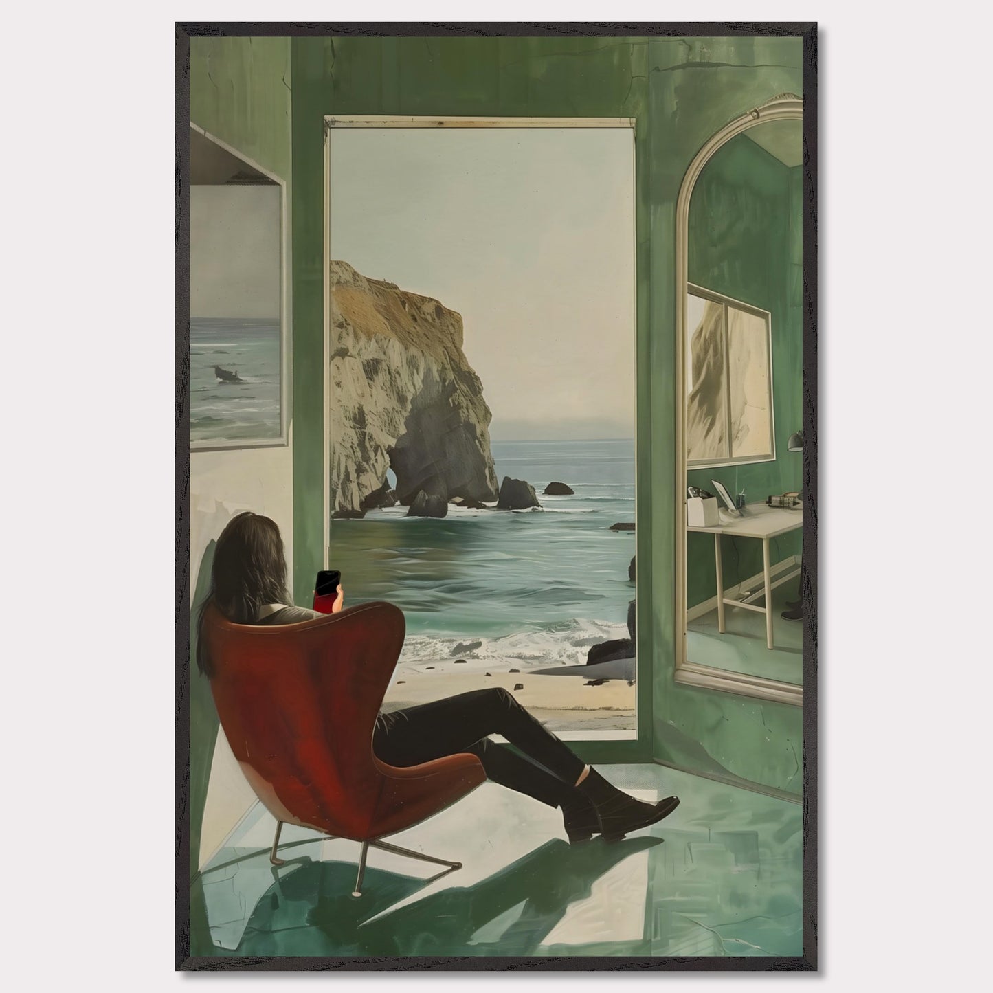 This captivating artwork depicts a serene coastal scene viewed from inside a room. A person is seated in a red chair, gazing out at the ocean through an open window. The reflection of another person working at a desk is visible in a large mirror on the right side. The room's green walls and floor create a calming ambiance, enhancing the peacefulness of the ocean view.