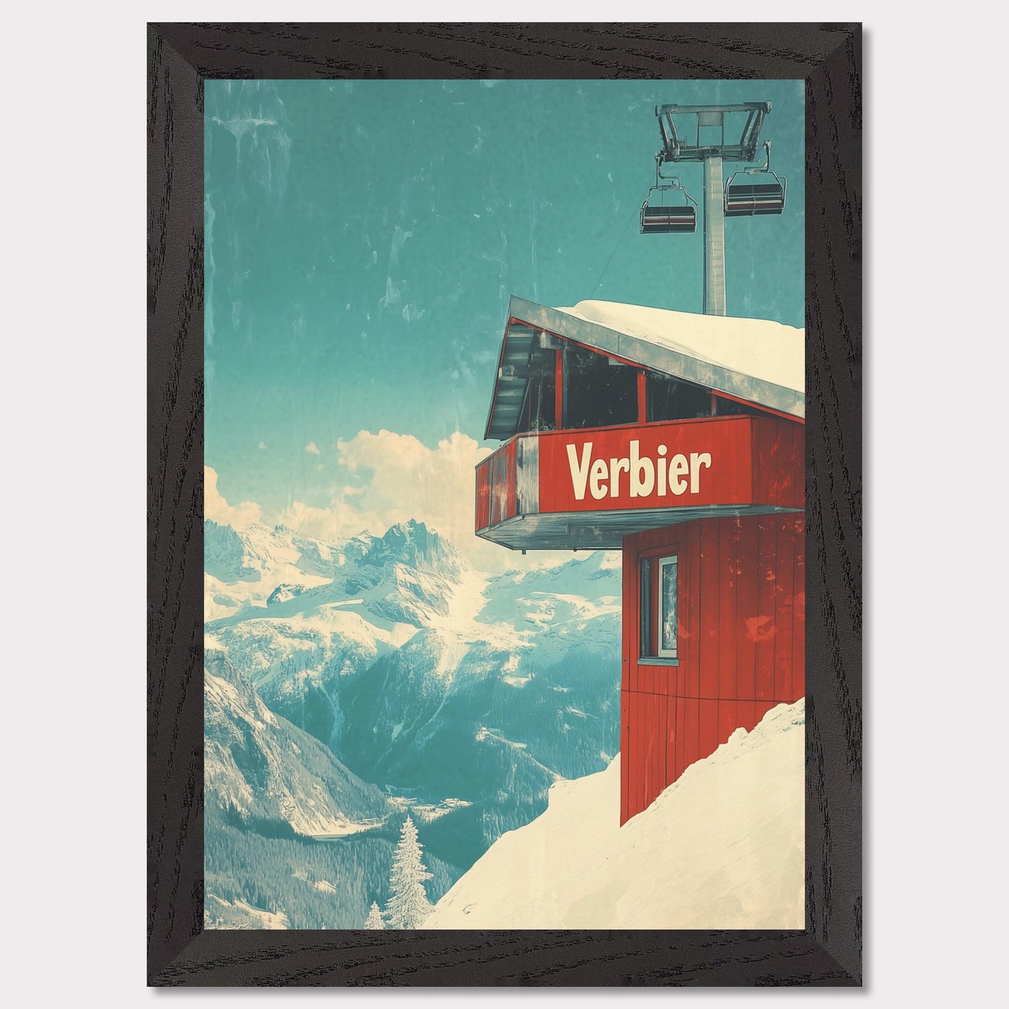 This vintage-inspired poster showcases a modern gondola station perched high above Verbier’s slopes. The gondola’s red cabin stands out against the pristine white snow, with majestic alpine peaks framing the view. The soft blue sky, accented by the vintage design, gives a timeless quality to the image. The simplicity and elegance of the gondola station invite viewers to imagine their own journey up the mountain, surrounded by the beauty of the Swiss Alps.