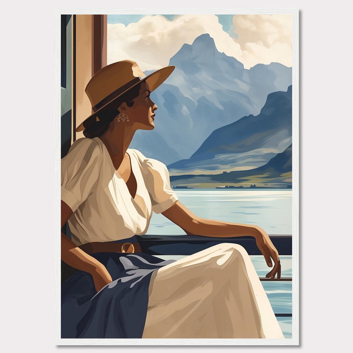 This captivating artwork features a serene woman in a white dress and wide-brimmed hat, gazing out at a tranquil lake with majestic mountains in the background. The scene evokes a sense of peace and contemplation, inviting viewers to pause and appreciate the beauty of nature.