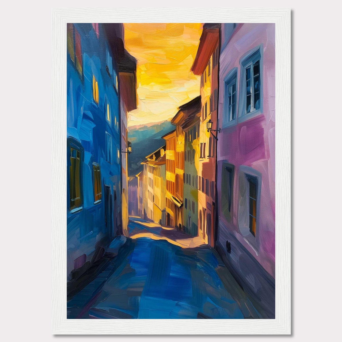 This vibrant painting captures a charming street scene bathed in the warm glow of a sunset. The artwork features colorful buildings, with hues of blue and pink dominating the foreground, while the background fades into golden tones. The narrow street creates a sense of depth, drawing the viewer's eye towards the distant horizon. The play of light and shadow adds a dynamic and lively feel to the piece.