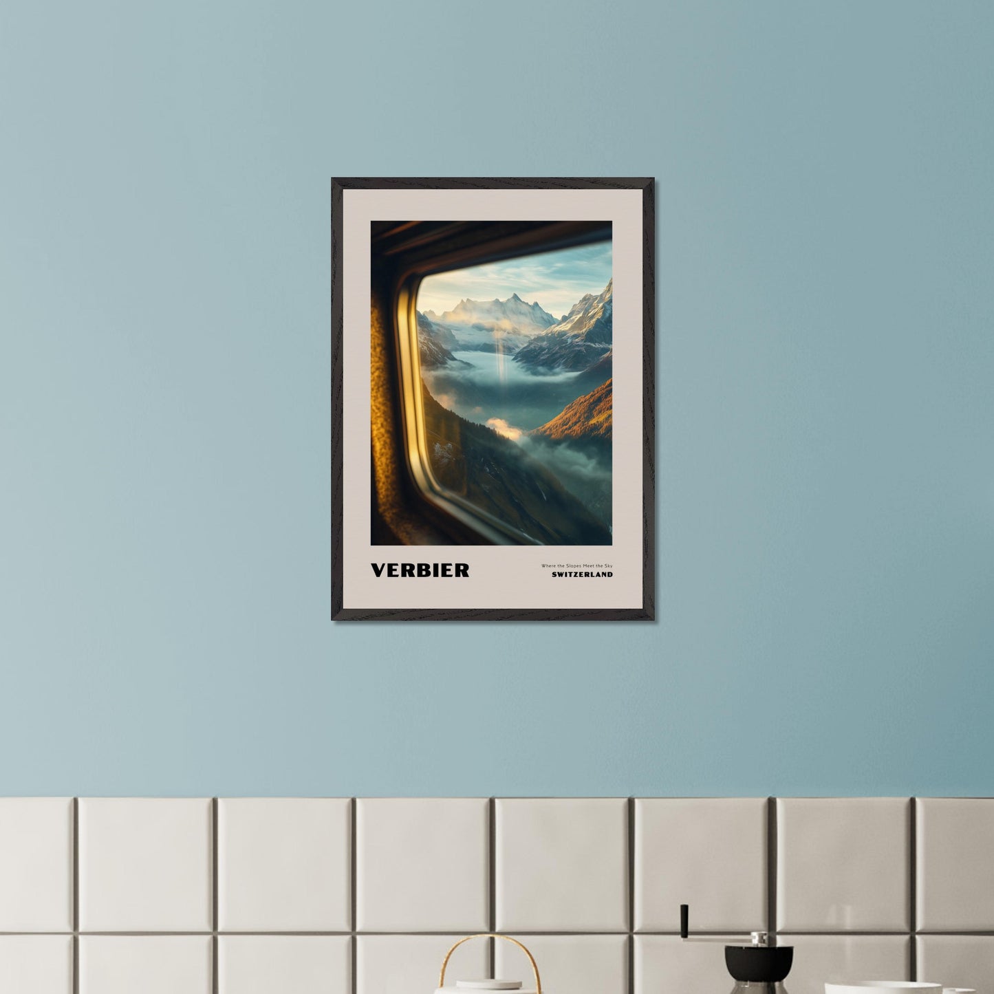 This poster showcases a mesmerizing view of the high-altitude slopes of Verbier, where mountain peaks seem to touch the sky. Thick mist covers the valleys below, creating a sense of mystery, while beams of sunlight break through the clouds, adding warmth and harmony to the scene.